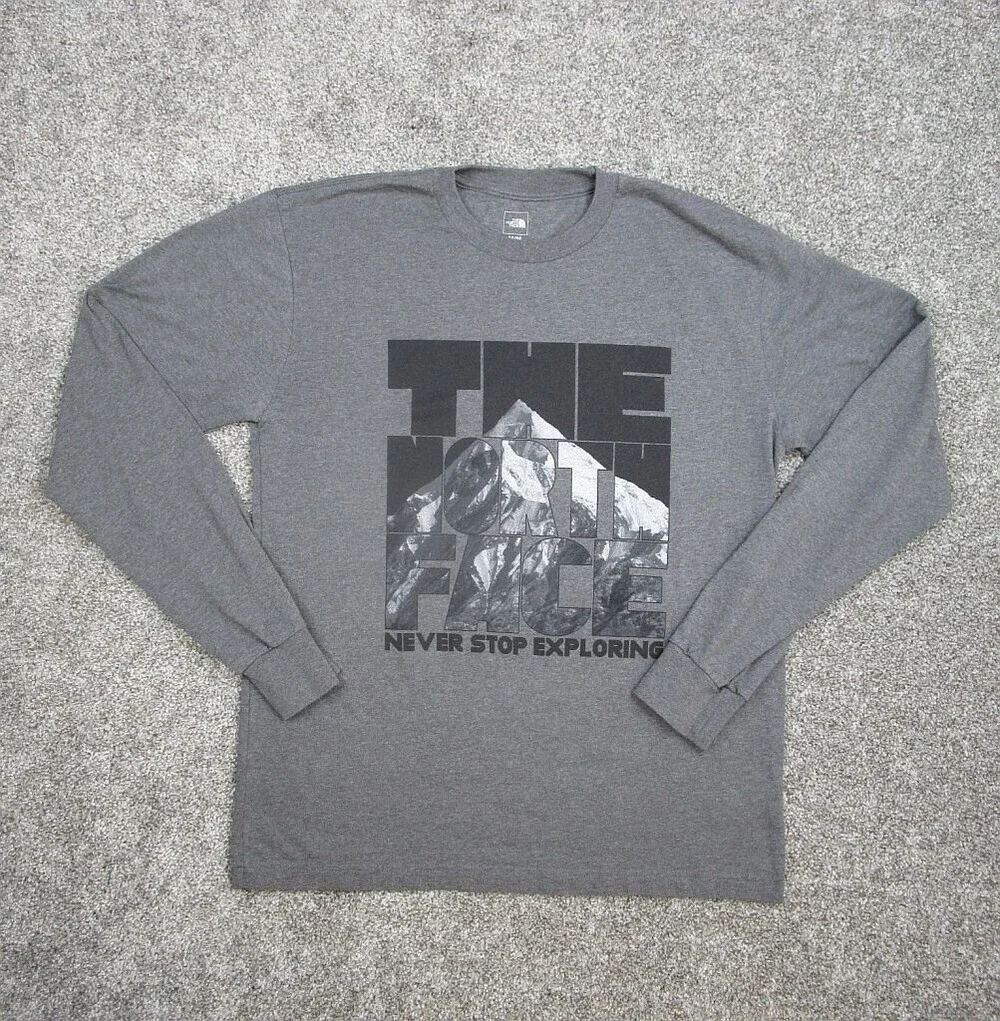 North Face Shirt Men Medium Gray Graphic Print Never Stop Exploring Long Sleeve